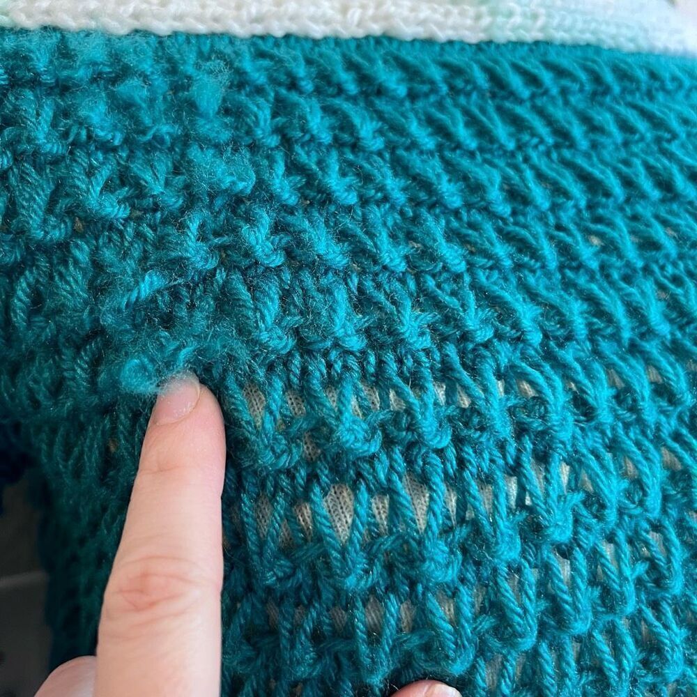 Handmade Stretch Chunky Knit Dropped Sleeve Top Teal White Size Small - Picture 10 of 11